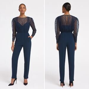 Saloni Bernadette Jumpsuit in Navy Blue Size 2 Sheer Embroidered Dot Chic Sexy